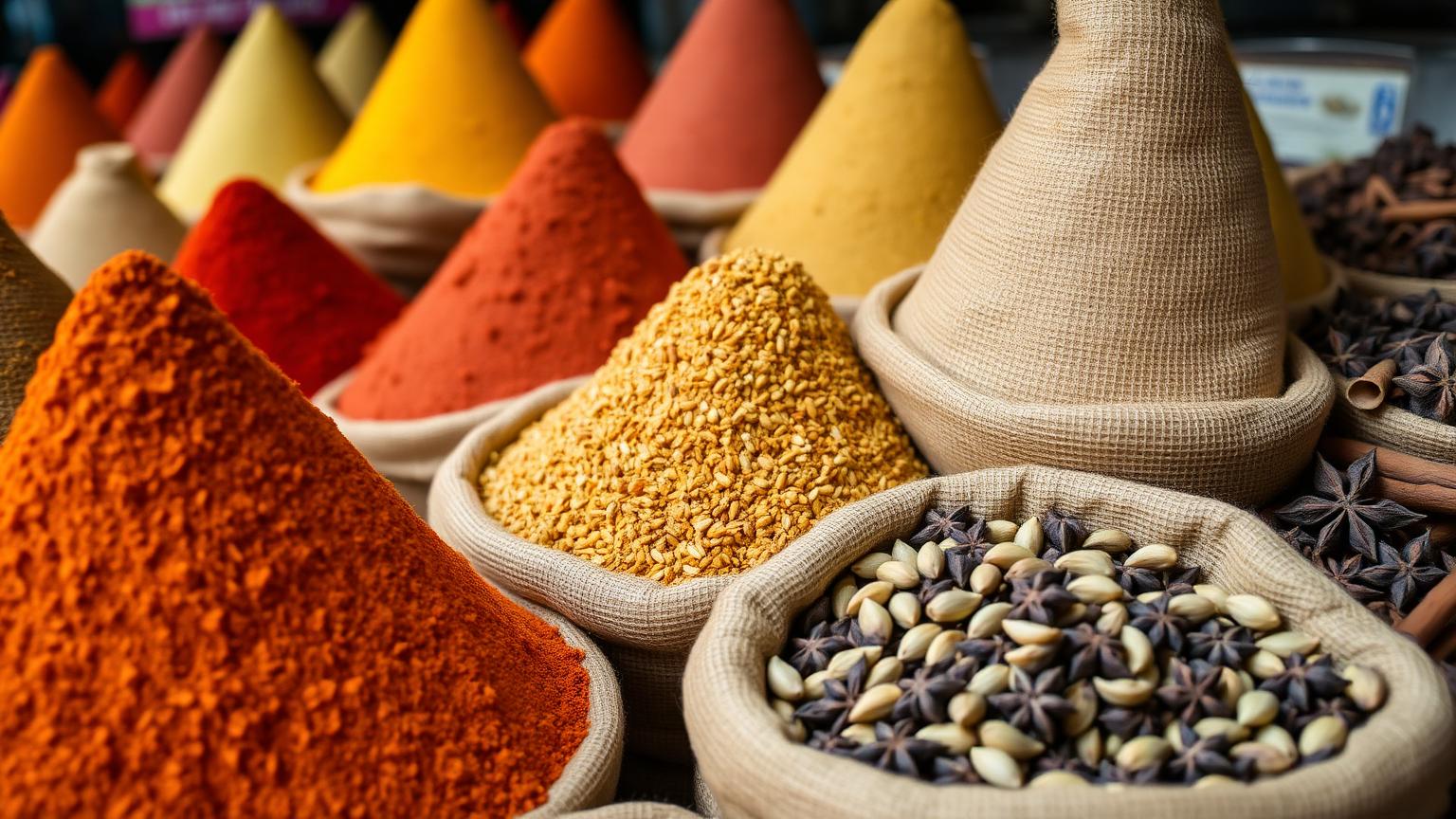 Cones of Indian spices in a market